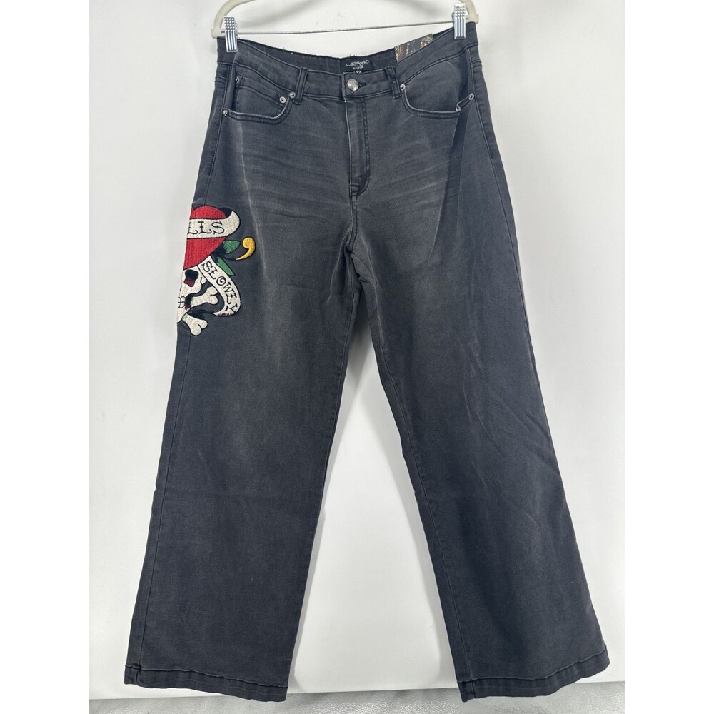 Ed Hardy Jeans Womens 32 Wide Leg Loose Jeans Black Love Kills Slowly Y2K Style